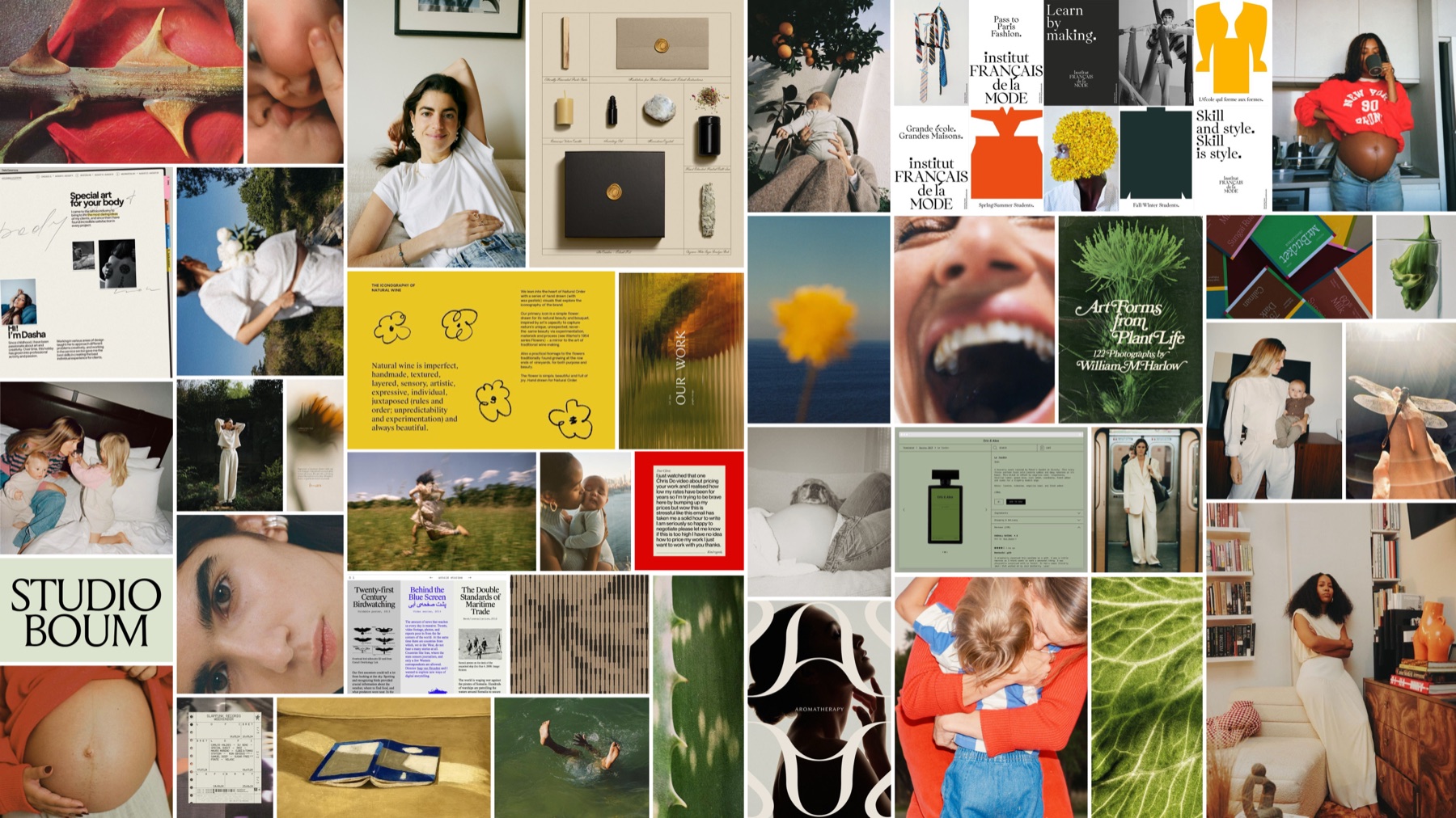 Perelel World mood board: a collage of editorial photography, type specimens, color studies, and lifestyle imagery defining the evolved brand world.